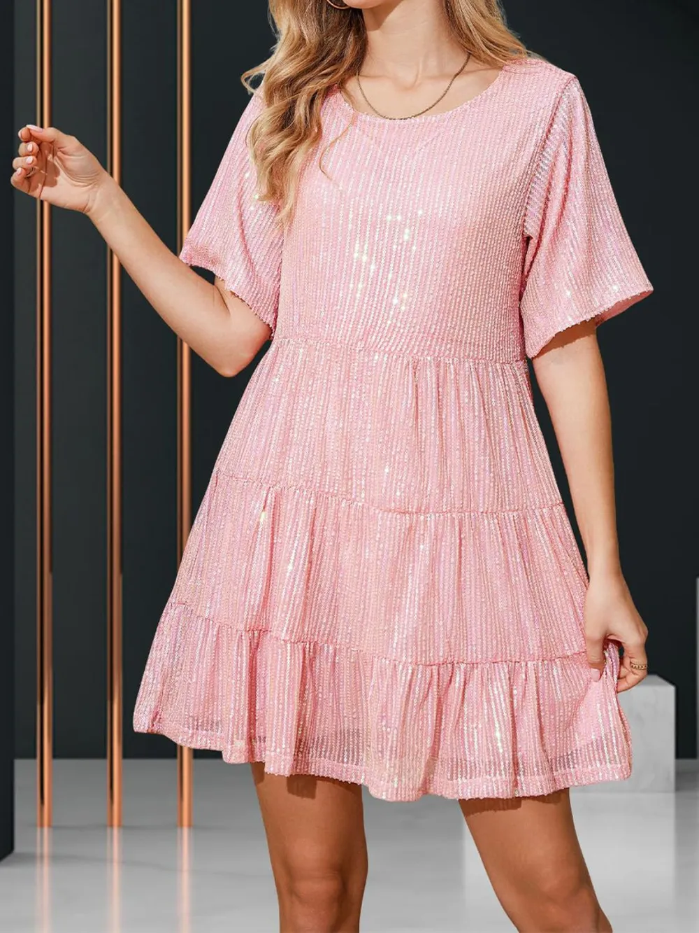 Sequin Round Neck Half Sleeve Mini Dress, image 23