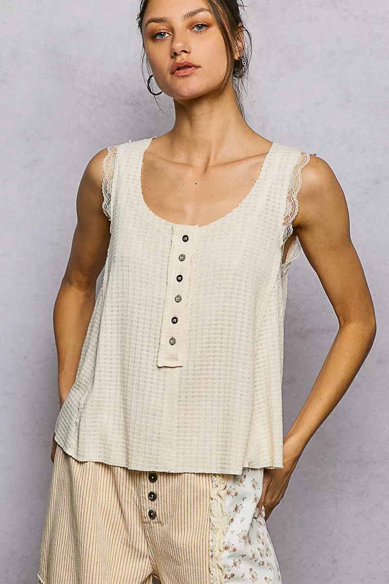 Textured Knit Round Neck Tank with Lace Detail, image 4