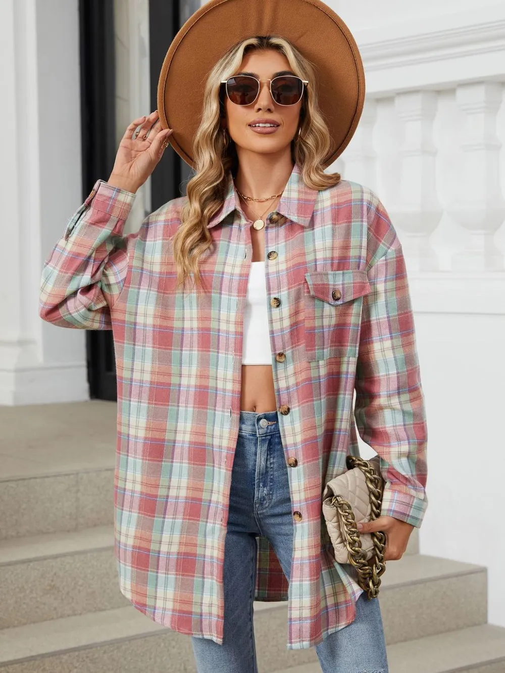 Plaid Collared Neck Long Sleeve Shirt, image 3