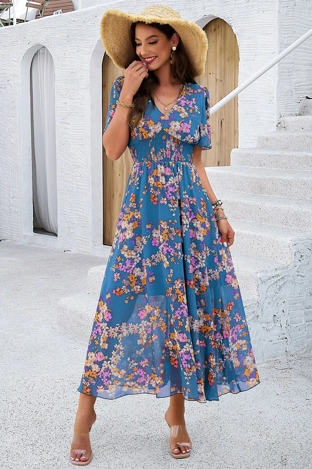 Smocked Floral V-Neck Short Sleeve Dress, image 22