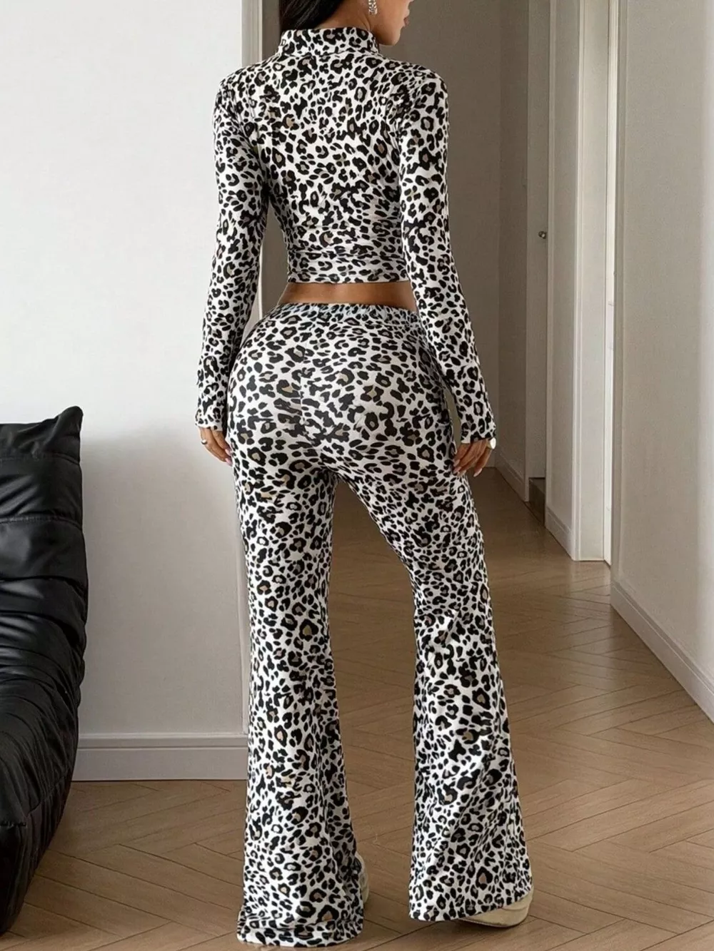 Leopard Print Zip-Up Crop Top and Flared Pants Two-Piece Set, image 5