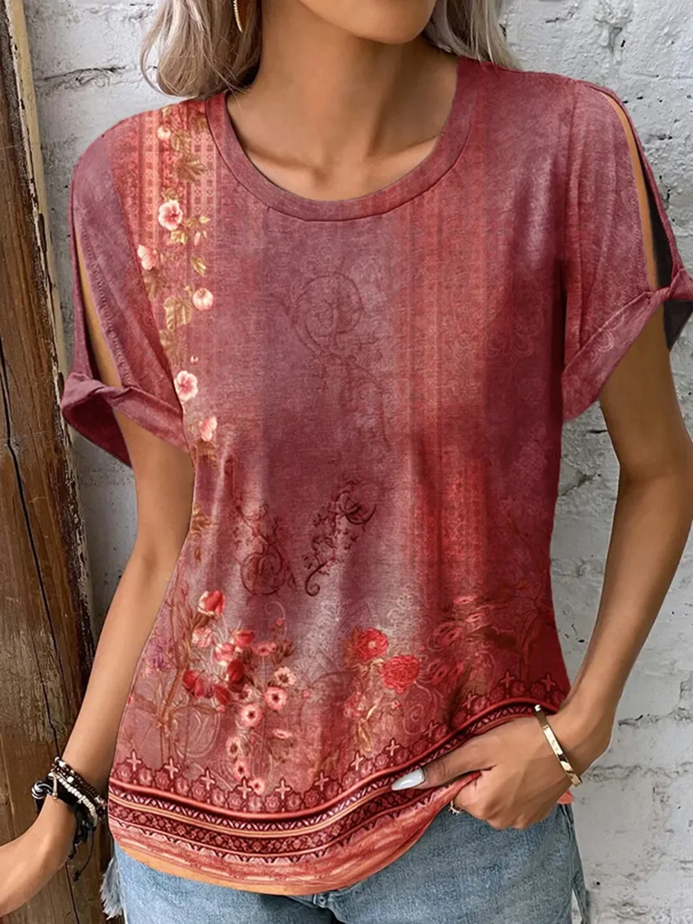 Printed Round Neck Short Sleeve T-Shirt, image 8