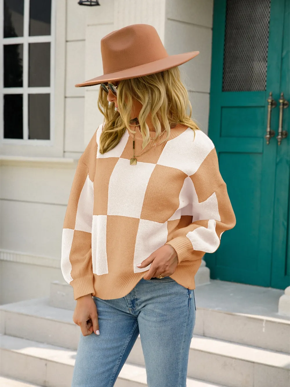 Checkered Round Neck Dropped Shoulder Sweater, image 11