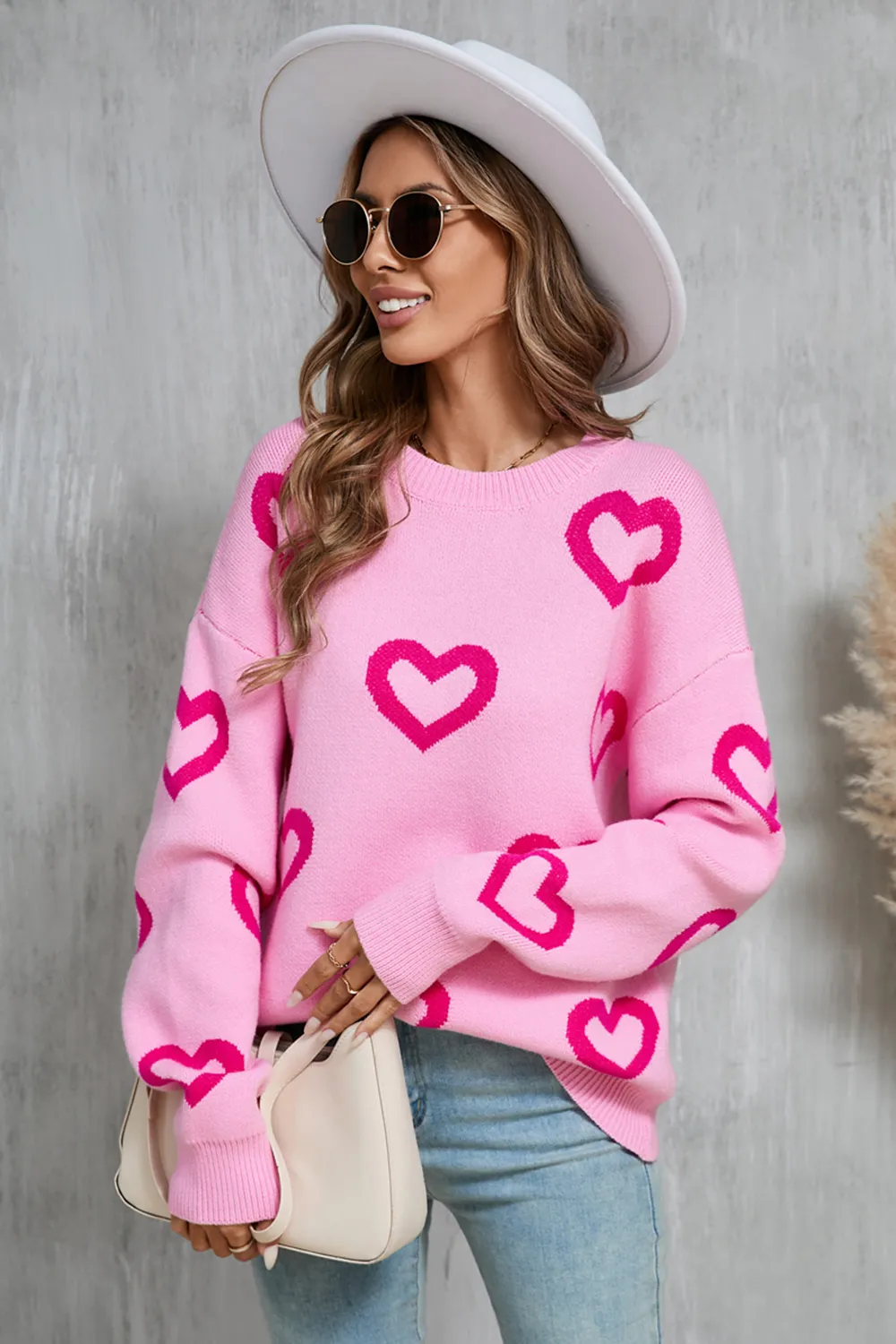 Heart Round Neck Dropped Shoulder Long Sleeve Sweater, image 7