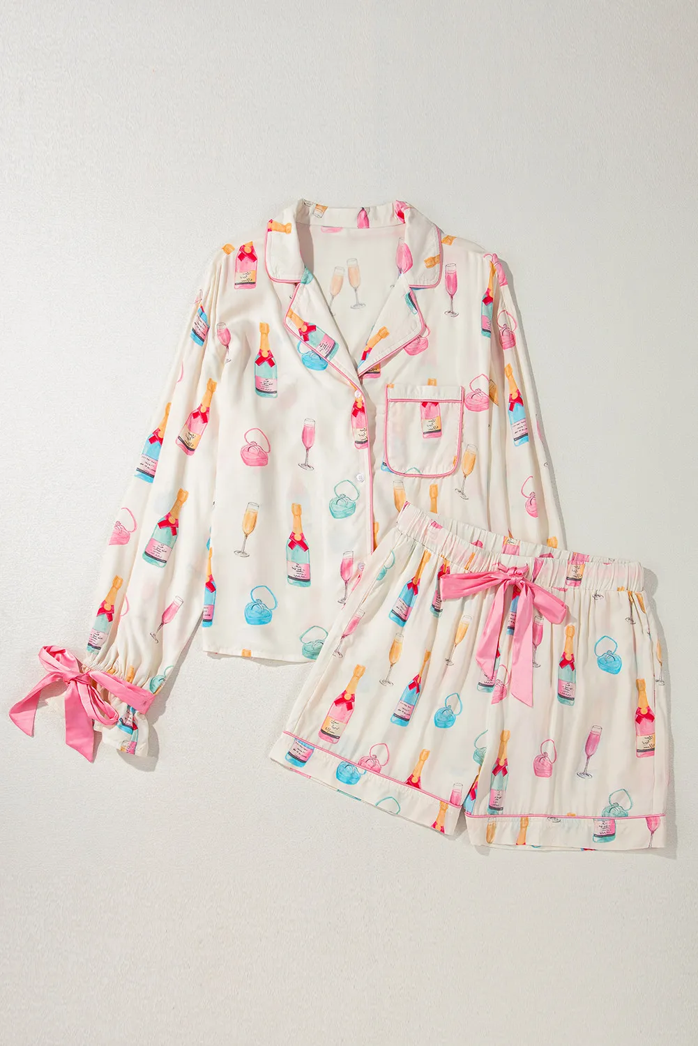 Bow Printed Collared Neck Top and Drawstring Shorts Lounge Set, image 8