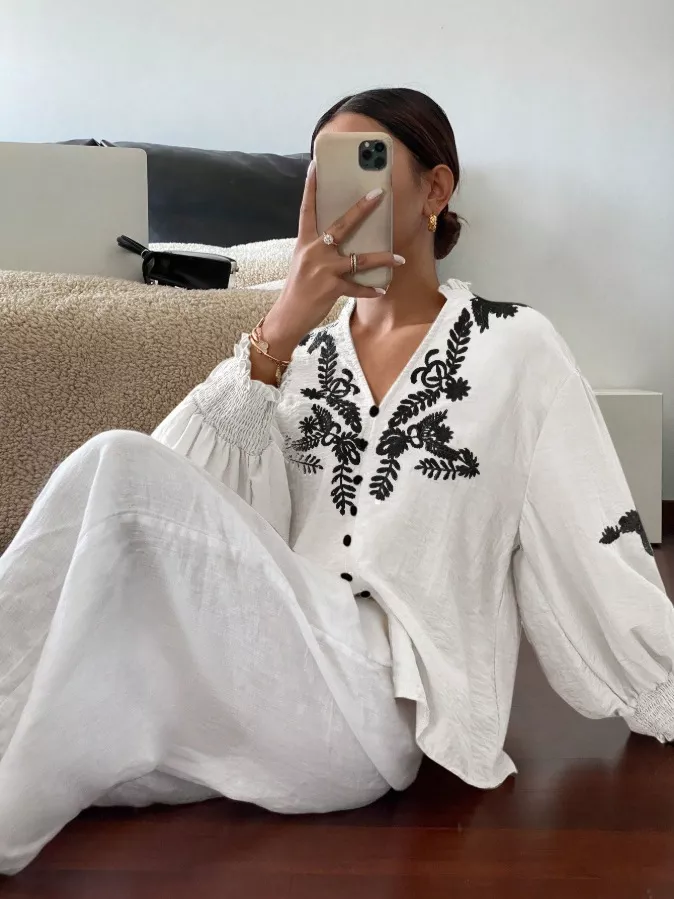 Embroidered Notched Long Sleeve Blouse, image 27