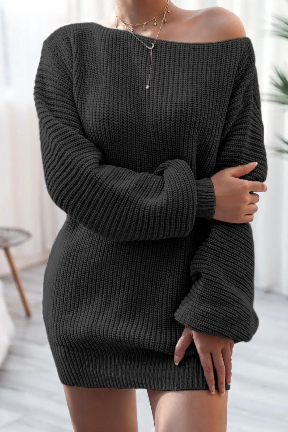 Boat Neck Long Sleeve Mini Sweater Dress, image 12