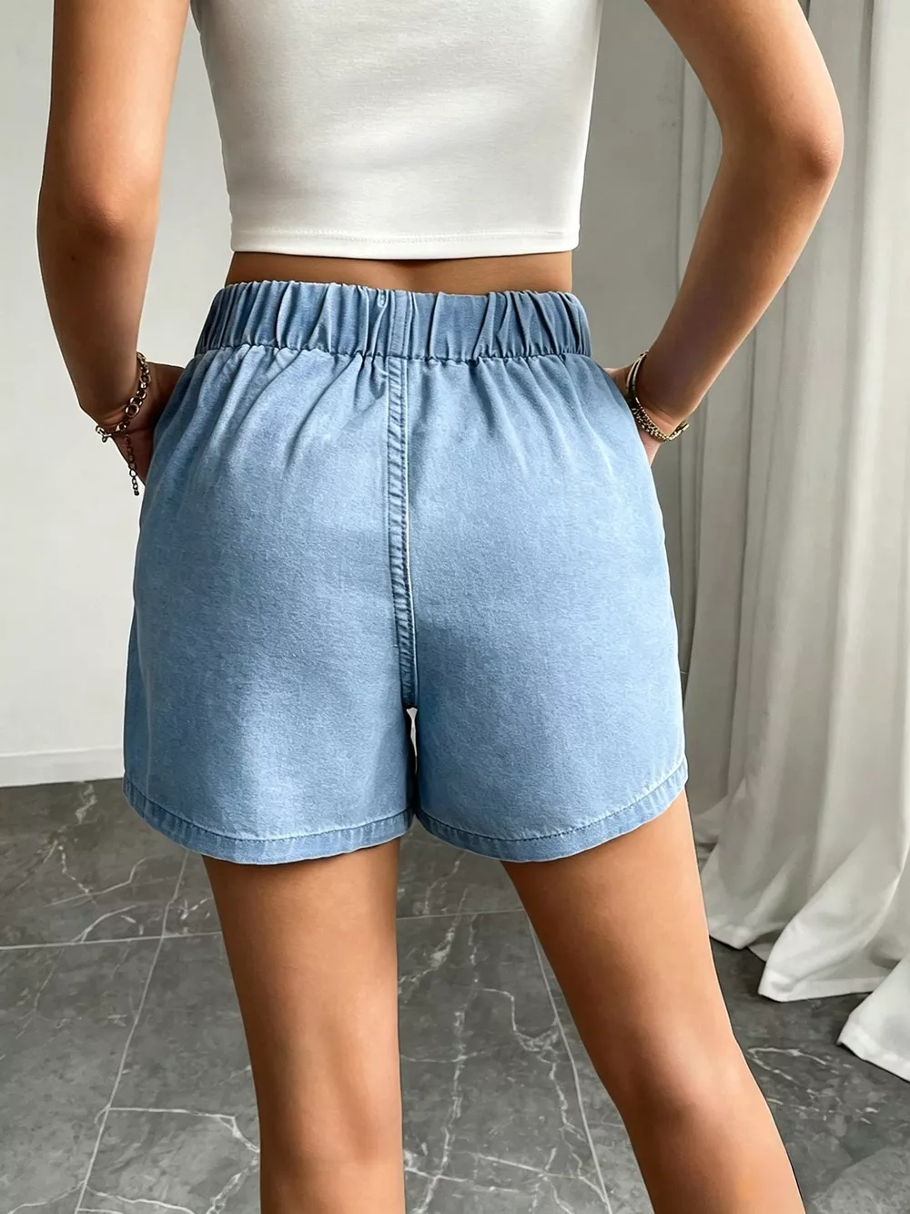 Drawstring High Waist Denim Shorts, image 6
