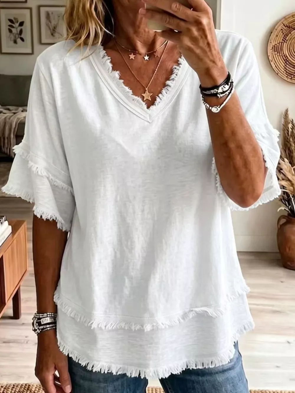 Full Size Frayed Edge V-Neck Blouse Plus Size, image 2