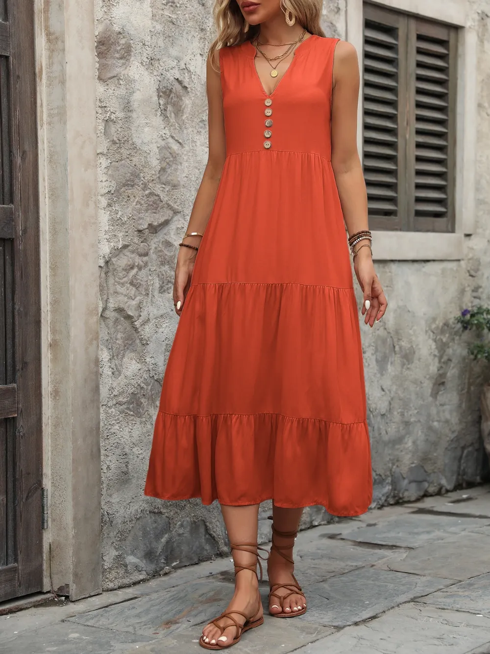 Decorative Button Notched Sleeveless Dress, image 21