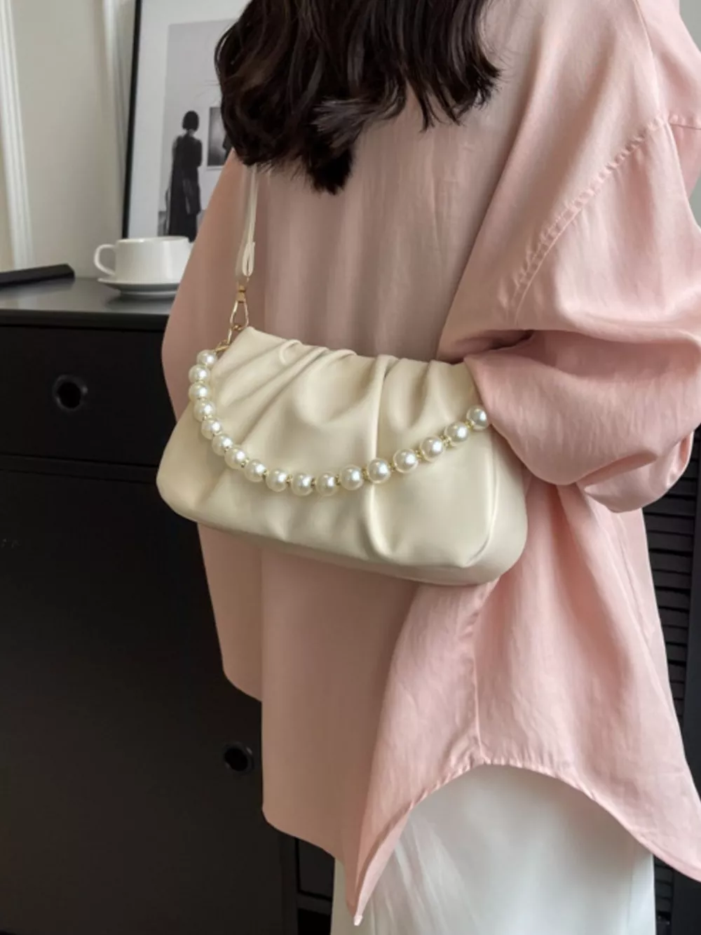 Ruched Shoulder Bag with Pearl Embellishment, image 6