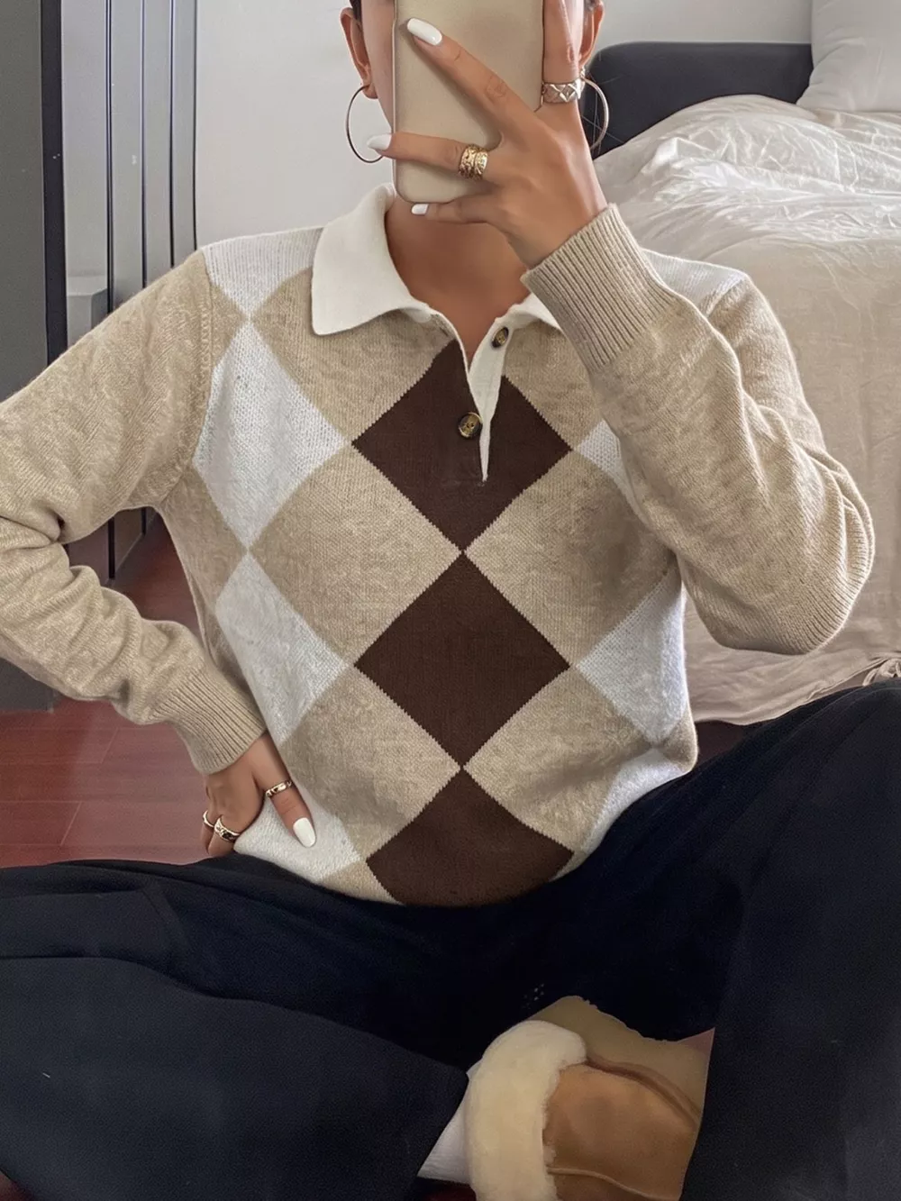 Argyle Patterned Polo Collar Sweater, image 3