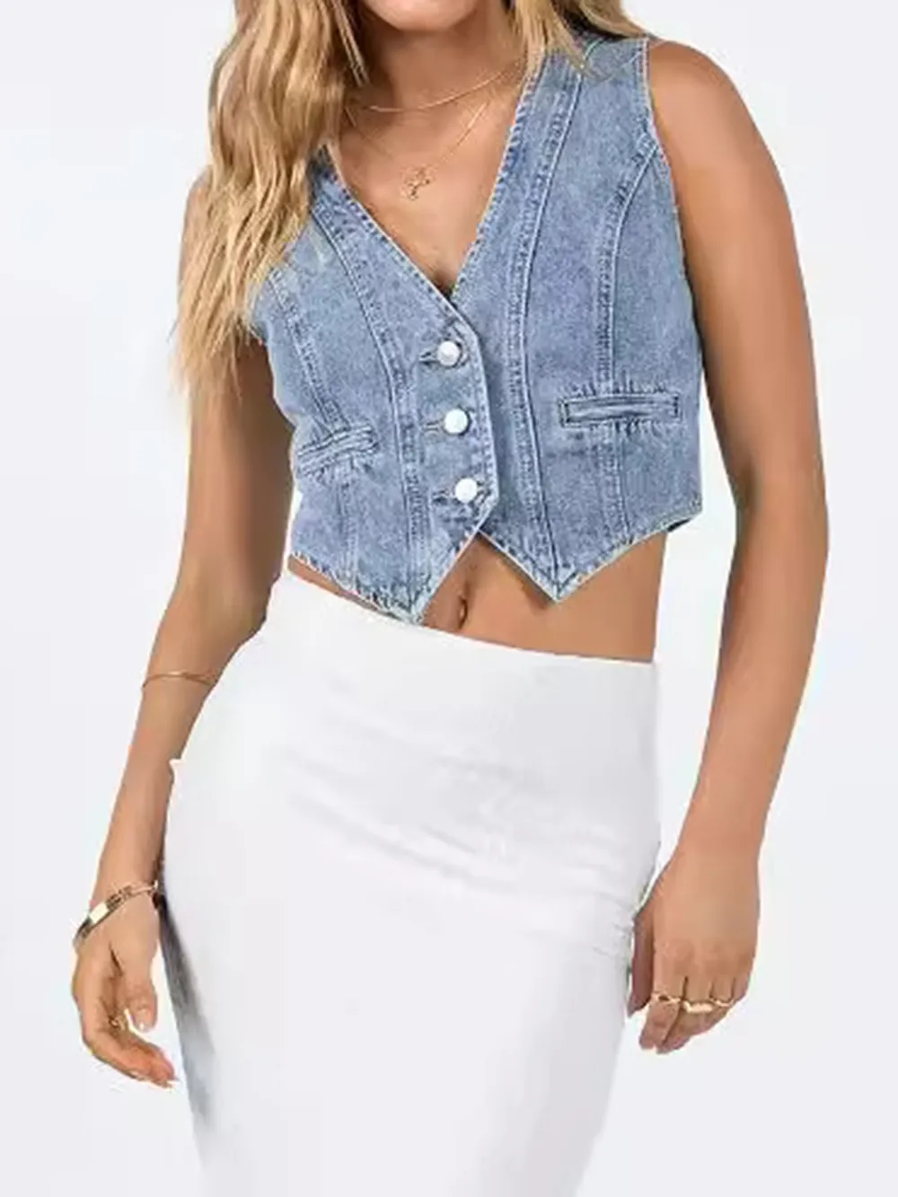 Button Up Sleeveless Denim Top, image 2