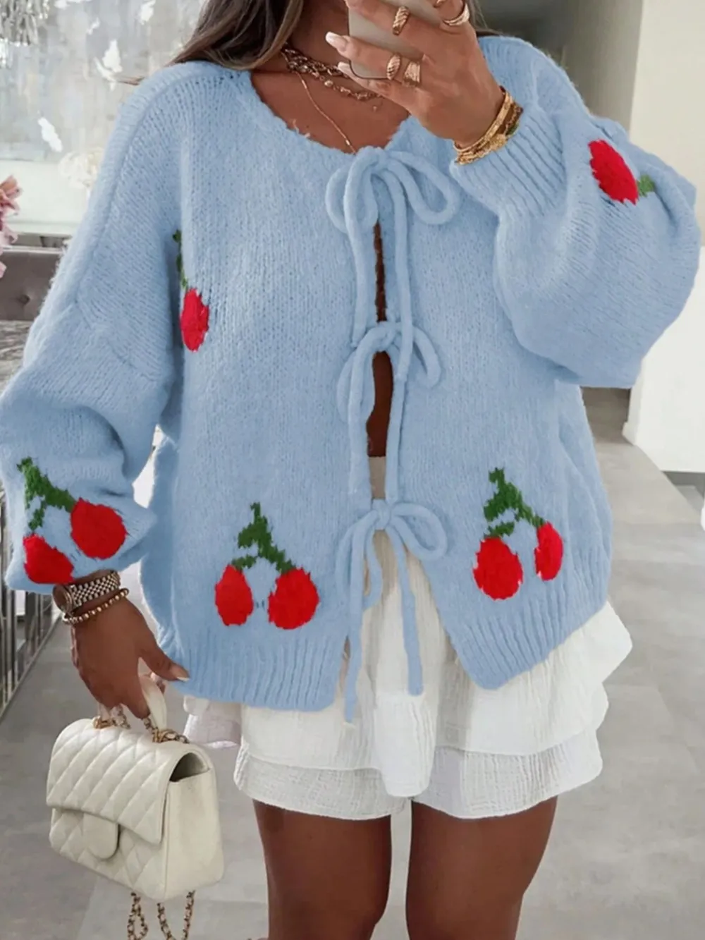 Cherry Pattern Tie-Front Oversized Cardigan, image 7