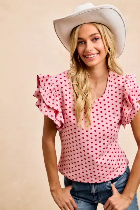Heart Patterned Knit Ruffled Sleeves Top, image 5