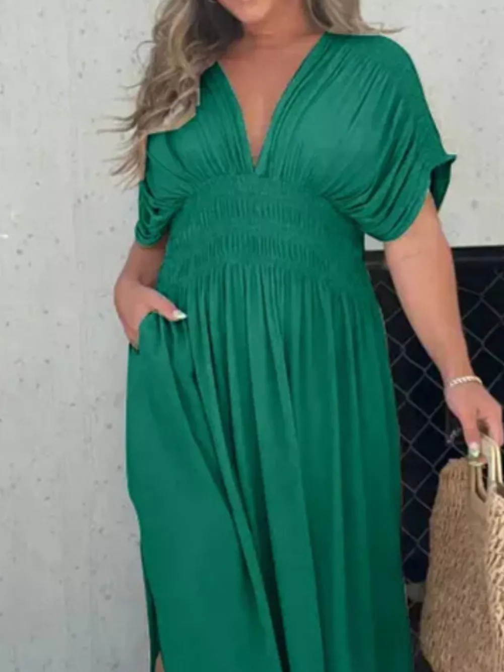 Full Size Slit V-Neck Smocked Waist Maxi Dress Plus Size, image 16