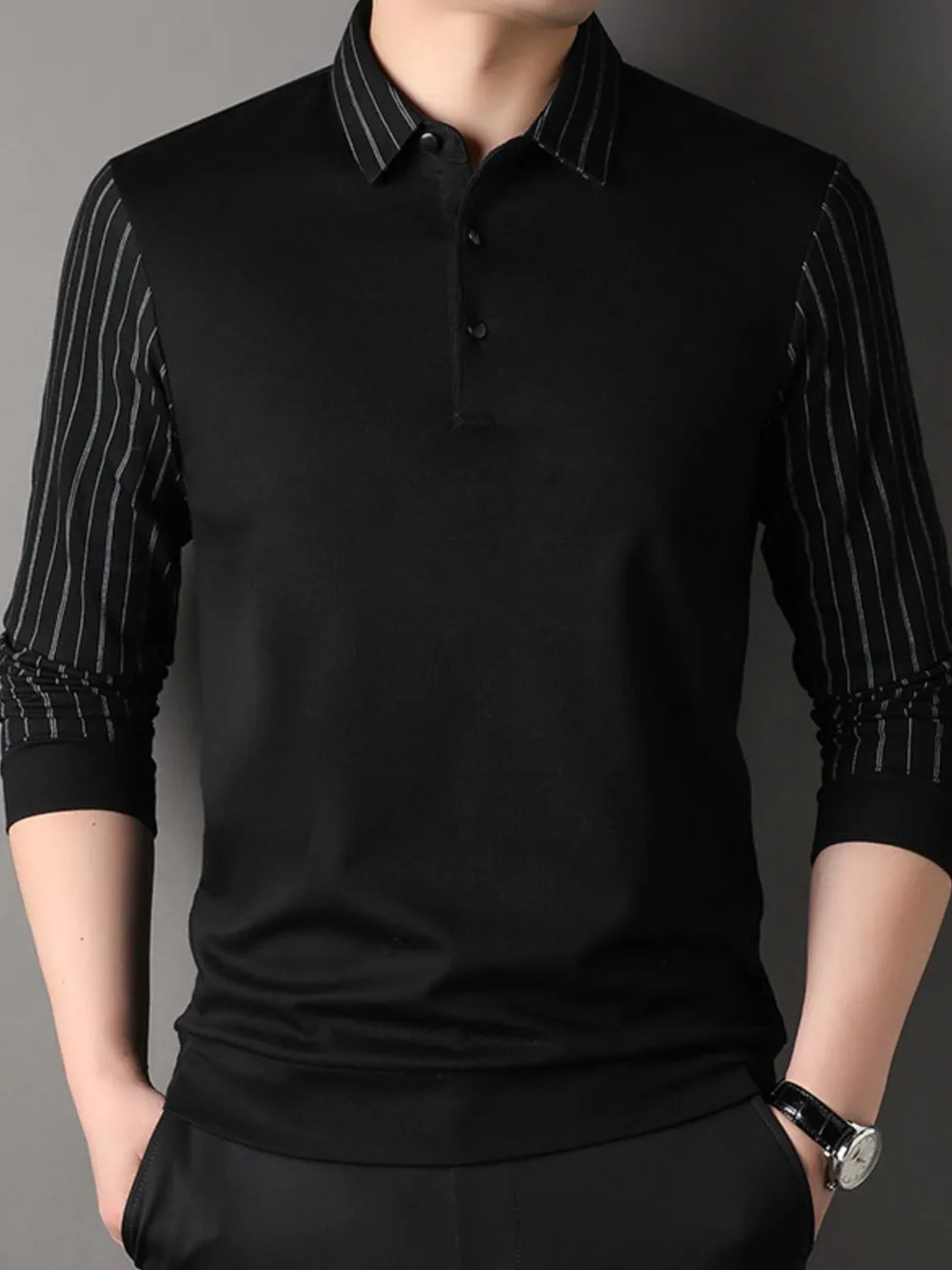 Men's Plus Size Striped Long Sleeve Polo, image 2