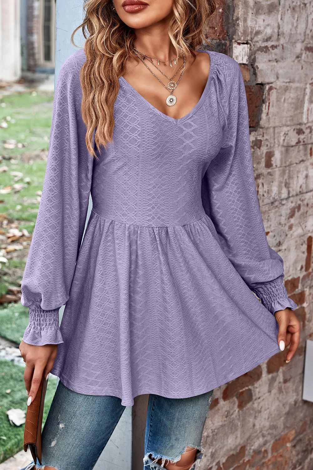 Peplum V-Neck Long Sleeve Blouse, image 23