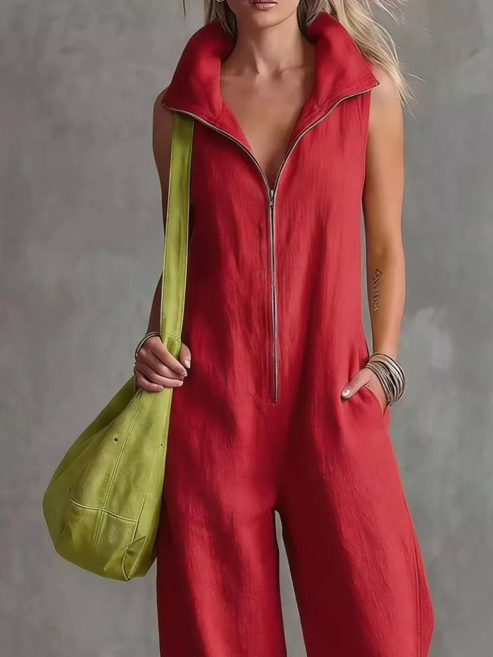 Full Size Zip Front Sleeveless Jumpsuit Plus Size, image 2