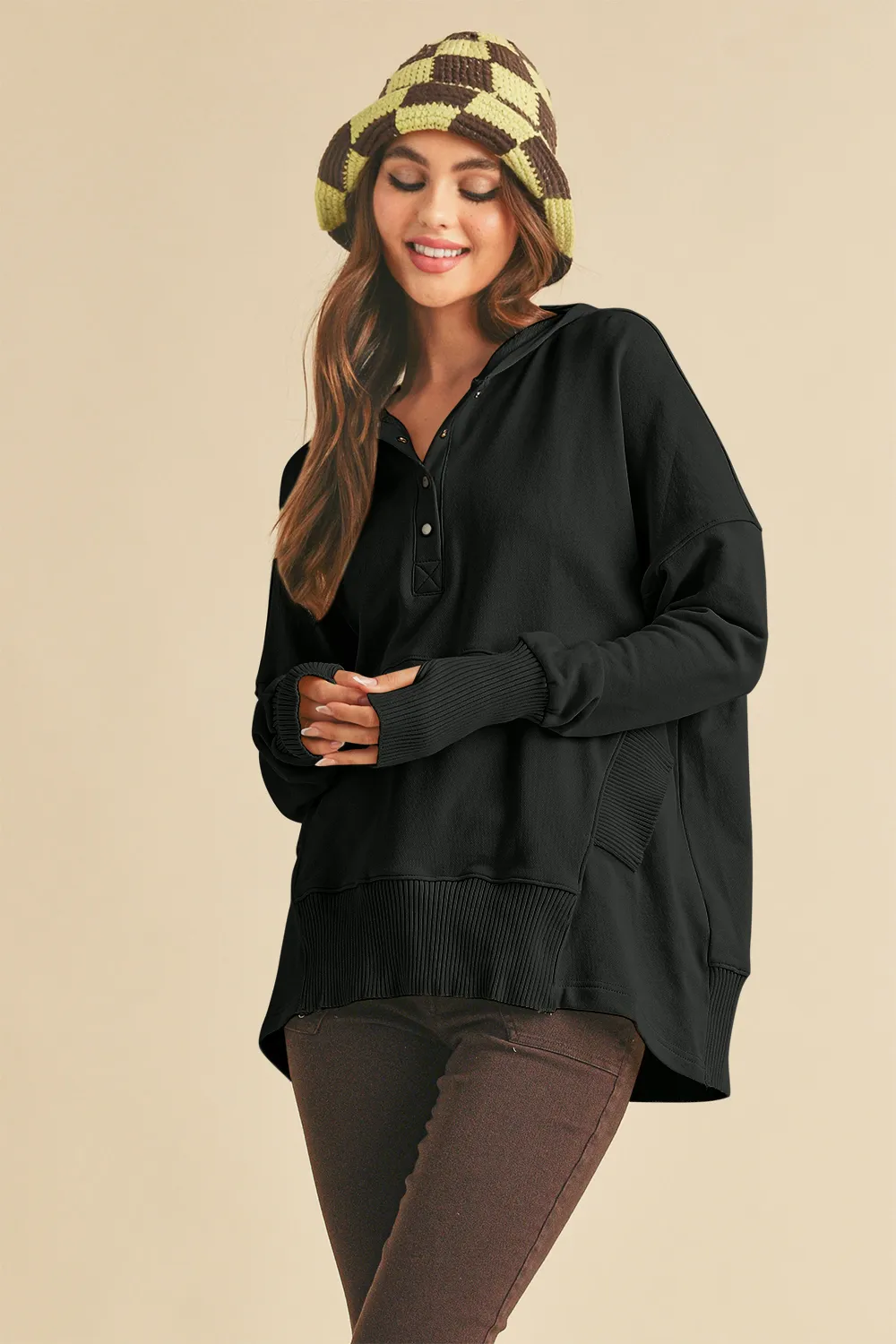 Half Snap Dropped Shoulder Hoodie, image 3