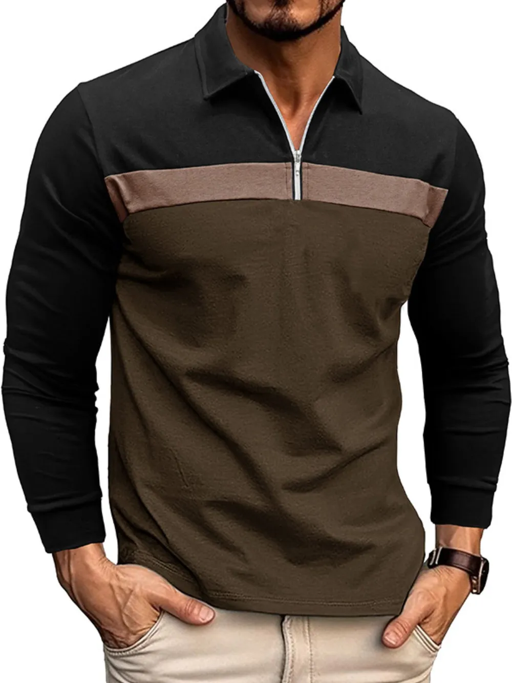 Men's Color Block Long Sleeve Polo Shirt, image 7
