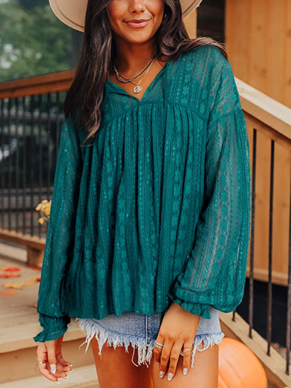 Lace Tie Neck Long Sleeve Blouse, image 3