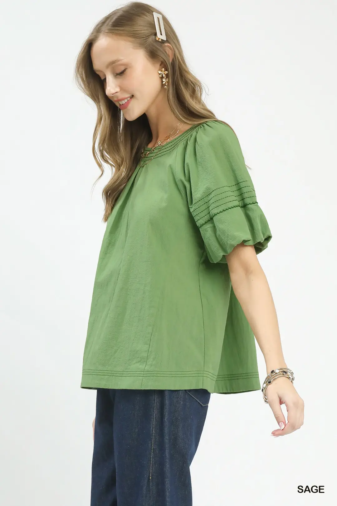 Round Neck Puff Sleeve Top with Contrast Stitch Detail, image 3