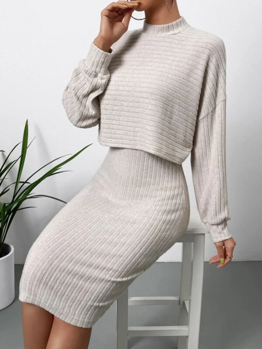 Mock Neck Long Sleeve Top and Wide Strap Dress Set, image 4