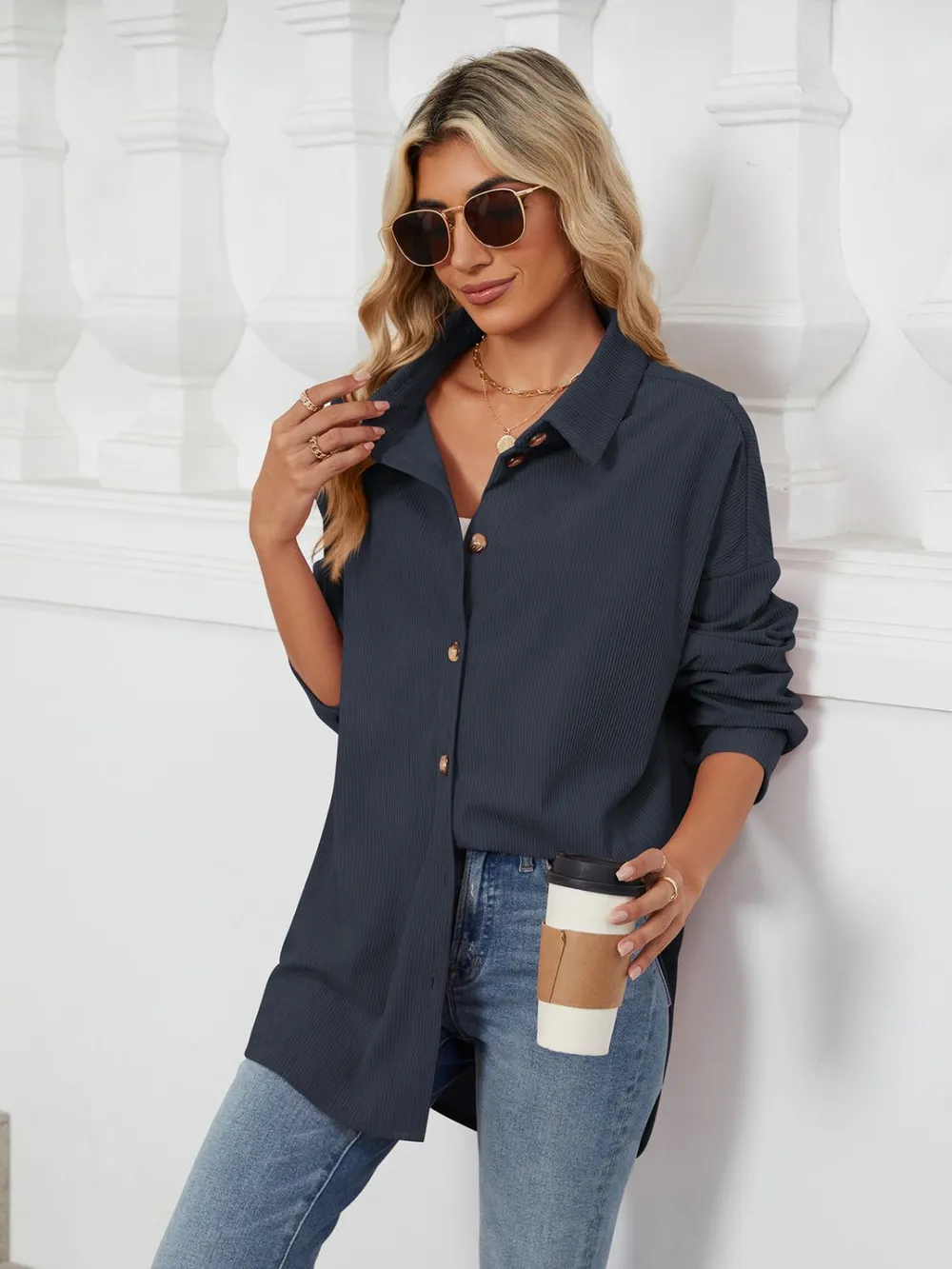 Collared Neck Long Sleeve Dropped Shoulder Shirt, image 11