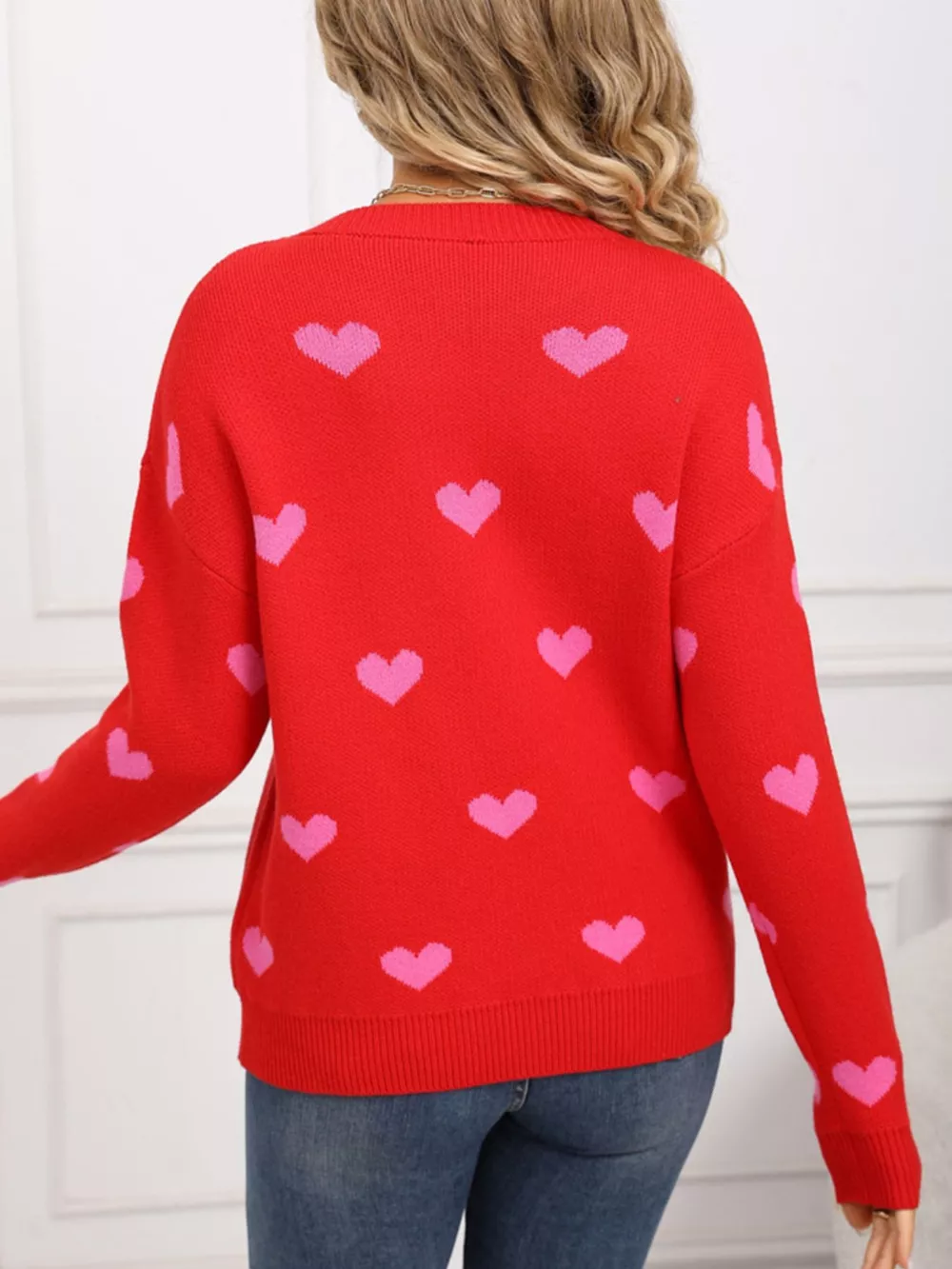 Valentine's Day Heart Pattern Dropped Shoulder Sweater, image 20