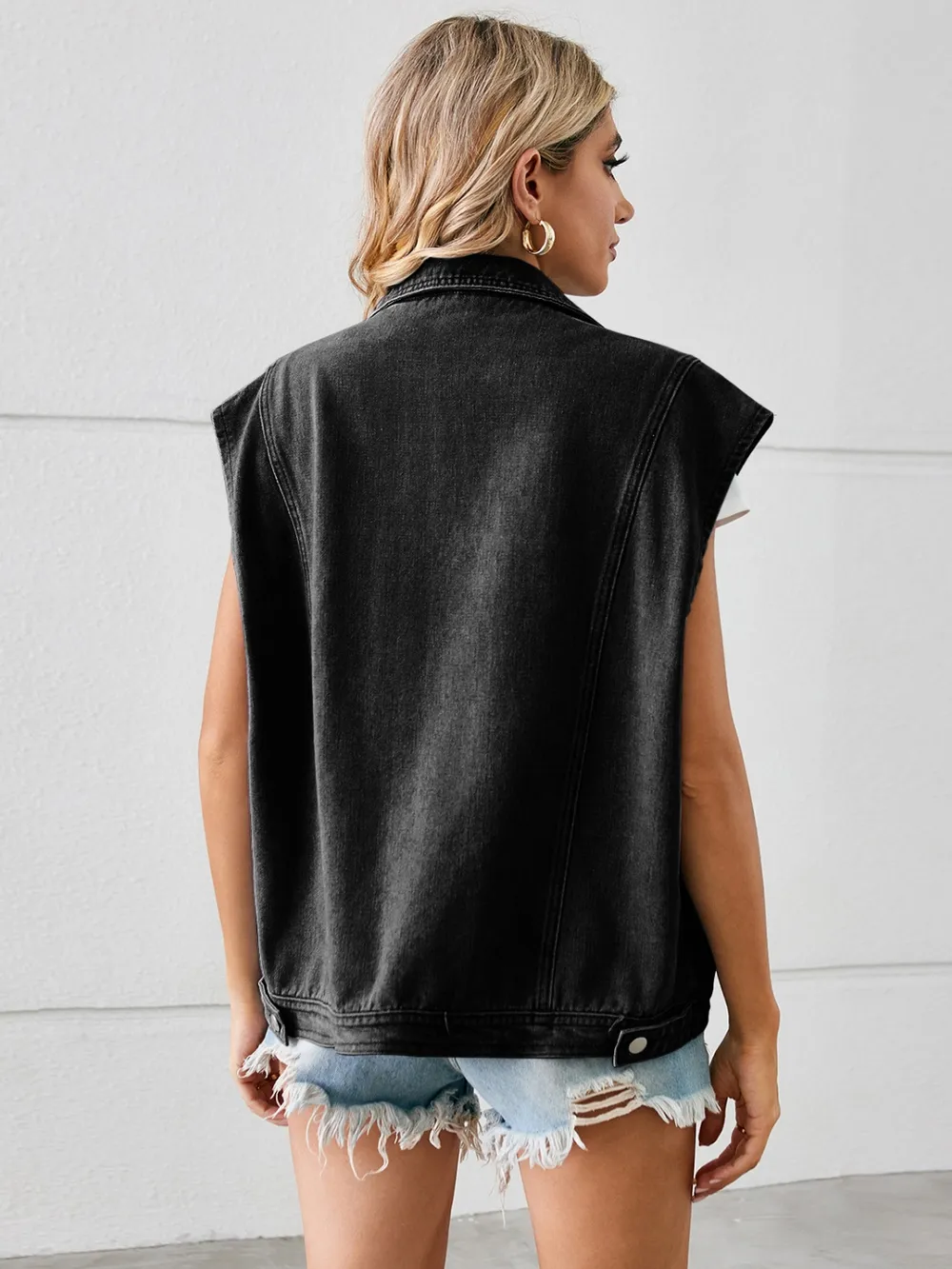 Pocketed Button Up Sleeveless Denim Jacket, image 5