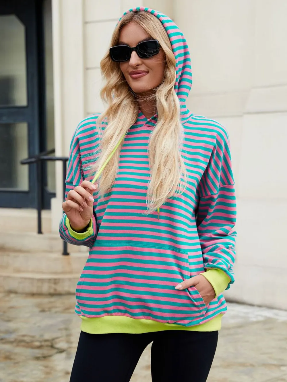 Drawstring Contrast Striped Long Sleeve Hoodie, image 6