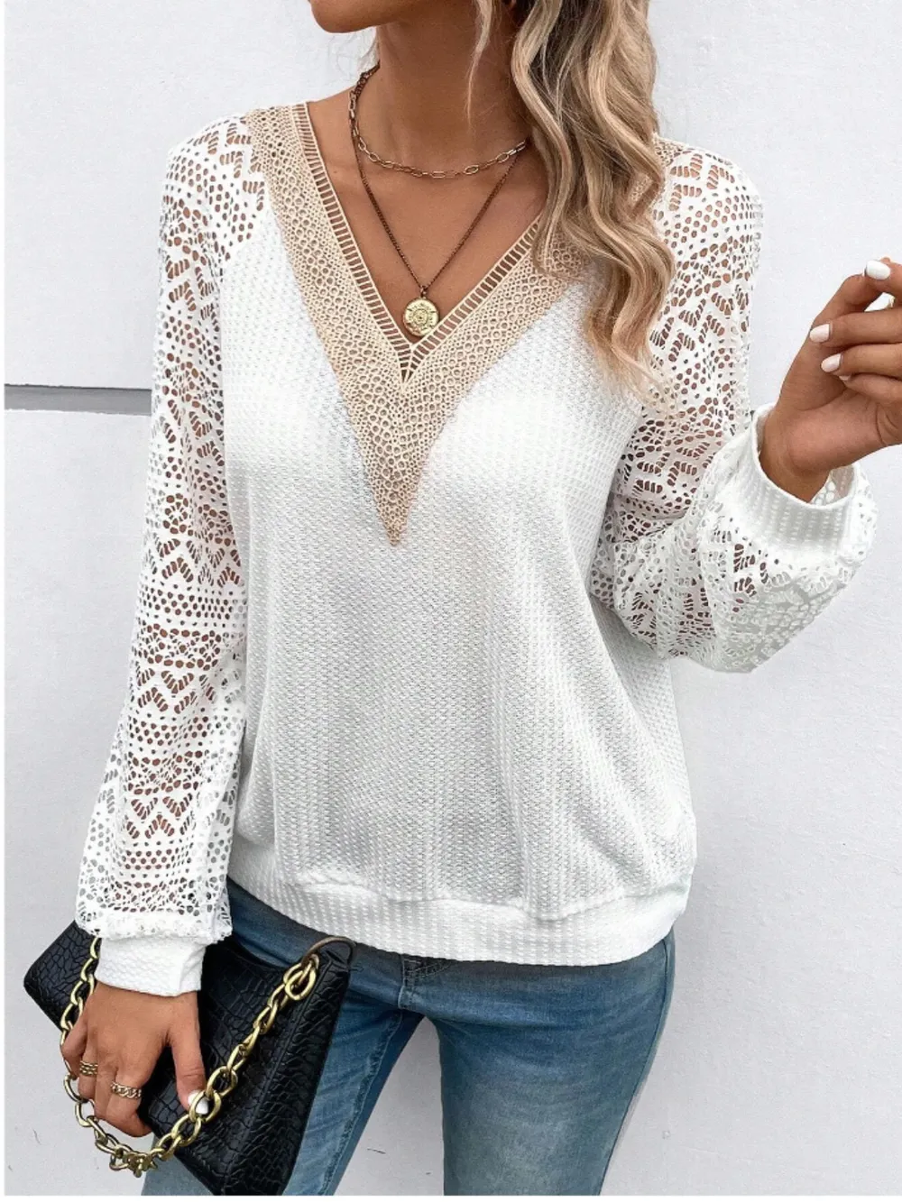 Lace V-Neck Raglan Sleeve Top, image 4