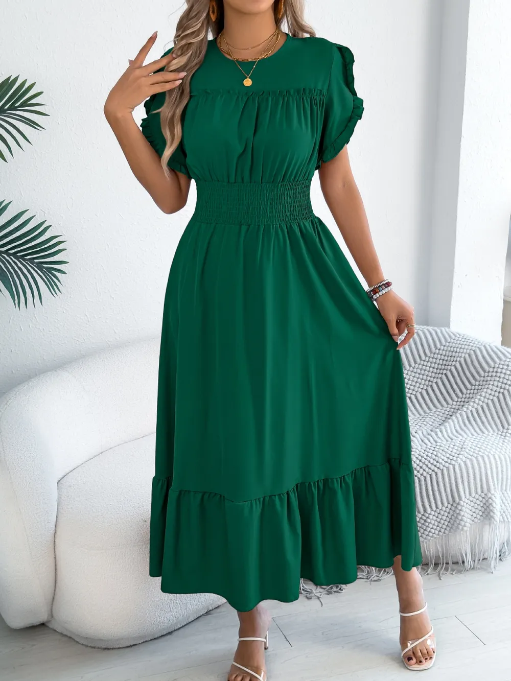 Smocked Frill Round Neck Midi Dress, image 10