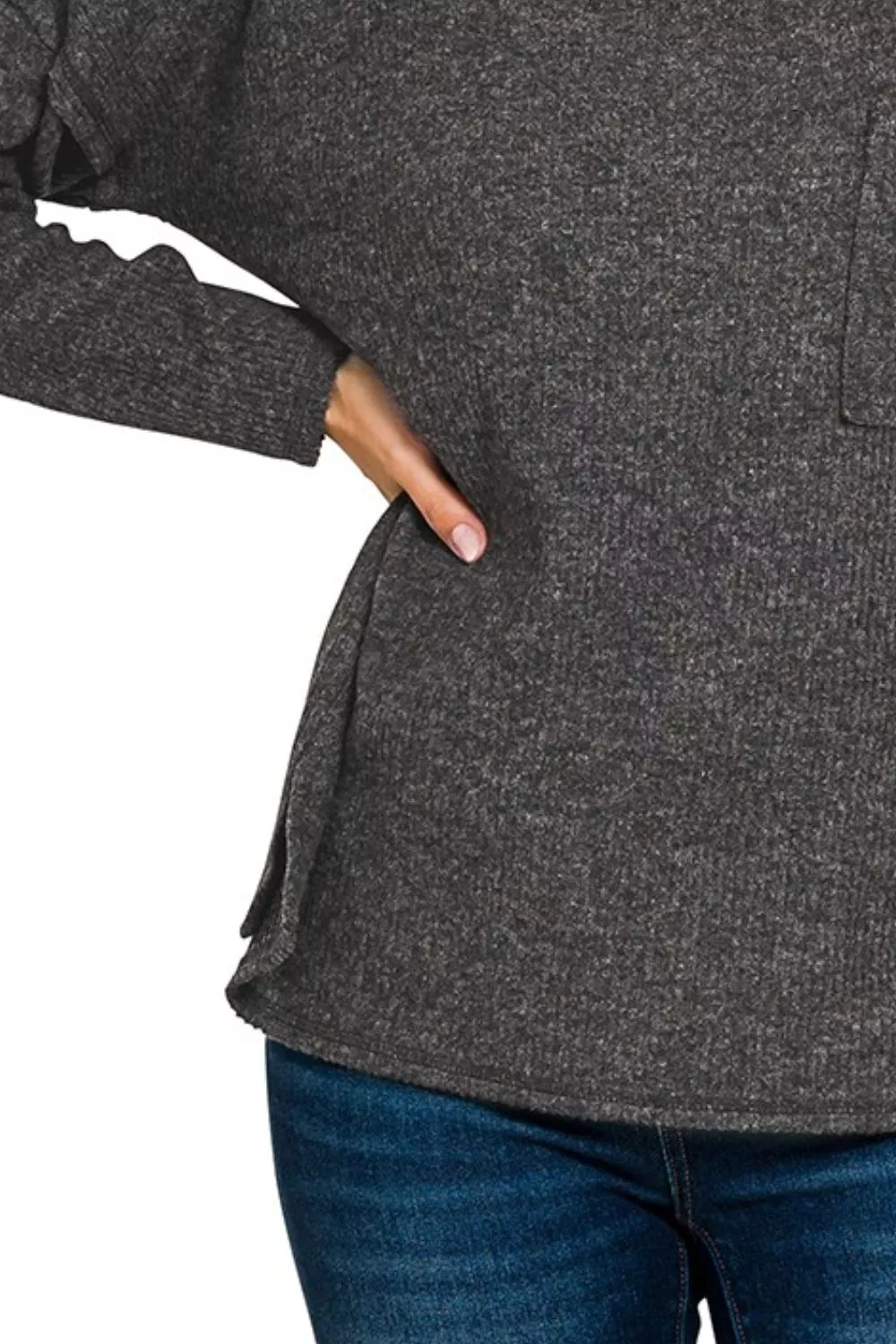 Ribbed Brushed Melange Hacci Sweater with Chest Pocket, image 3