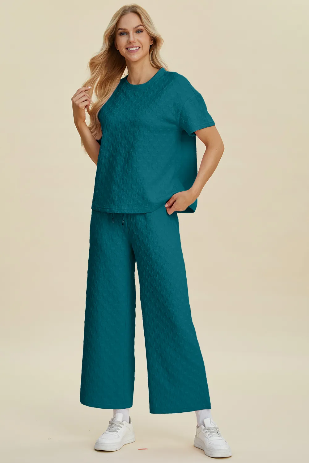 Full Size Texture Round Neck Short Sleeve Top and Pants Set, image 10
