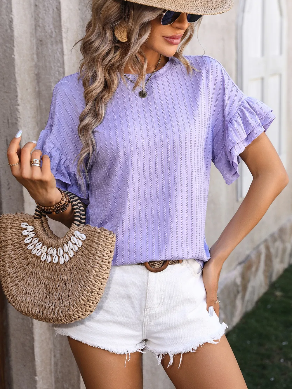 Ruffled Round Neck Short Sleeve Blouse, image 11