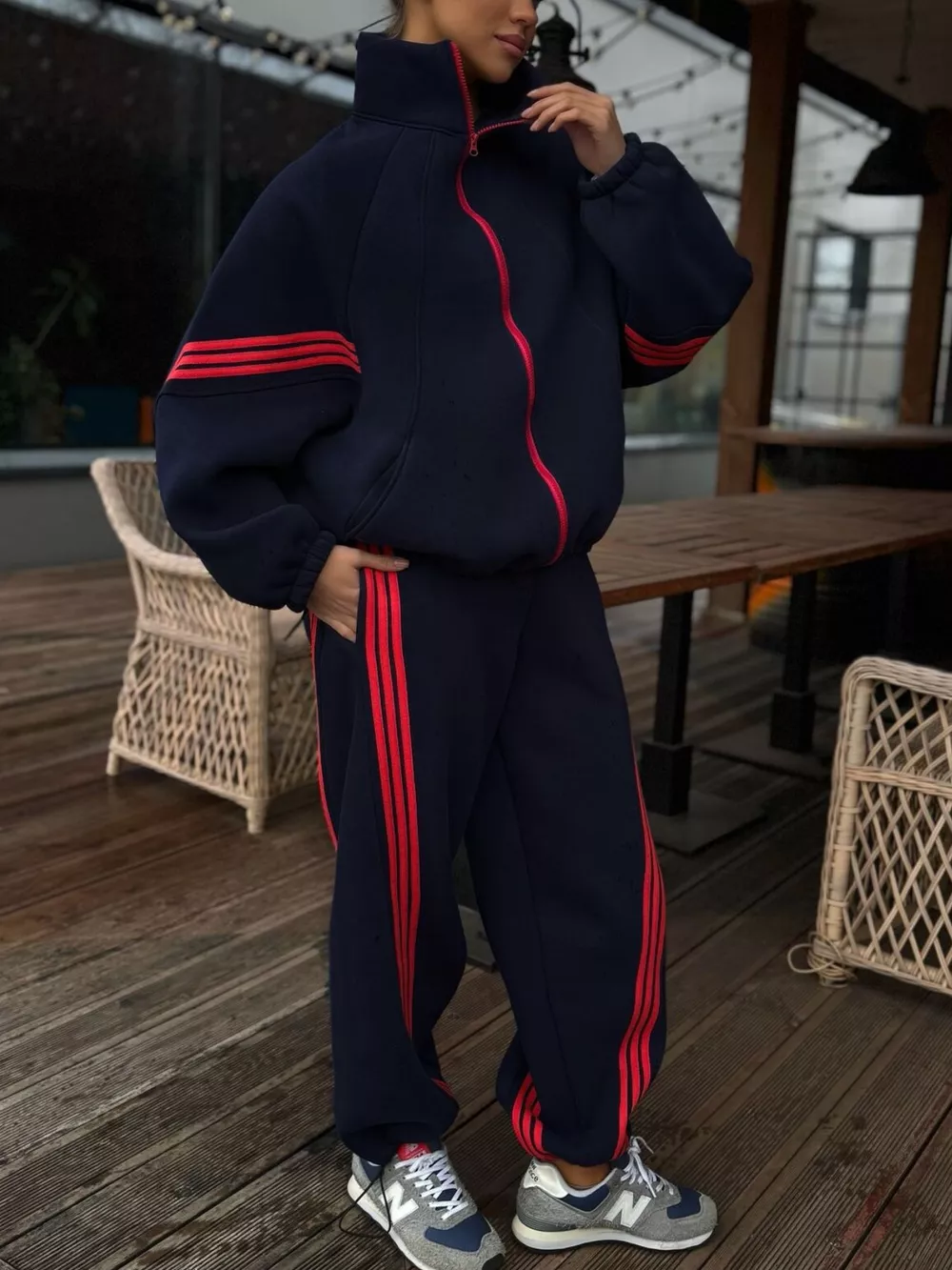 Contrast Striped Zip Up Top and Pants Set, image 6