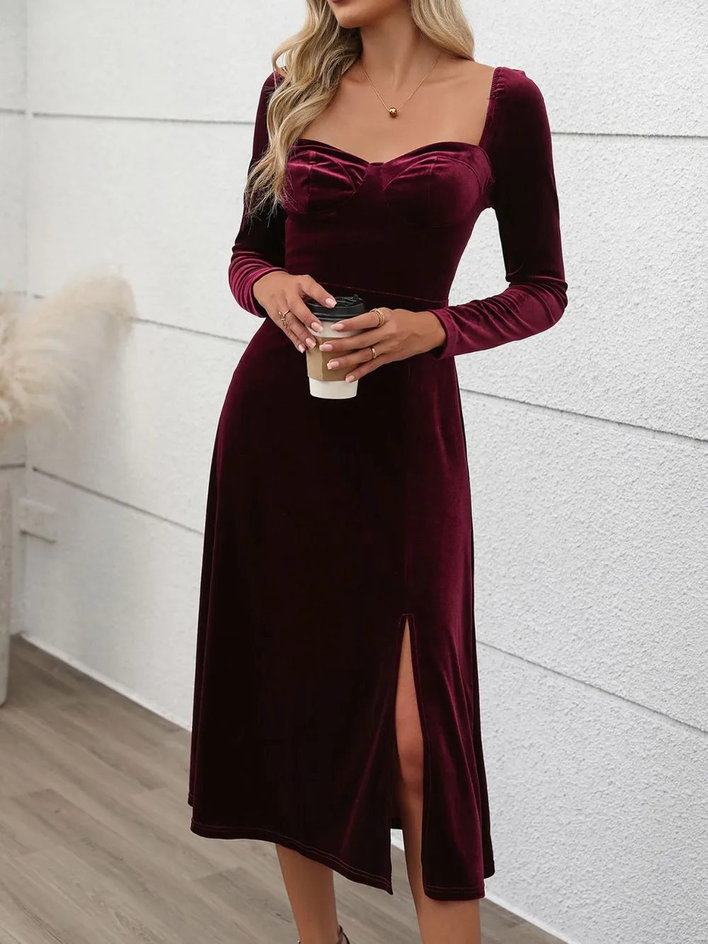 Sweetheart Neck Long Sleeve Midi Dress, image 5