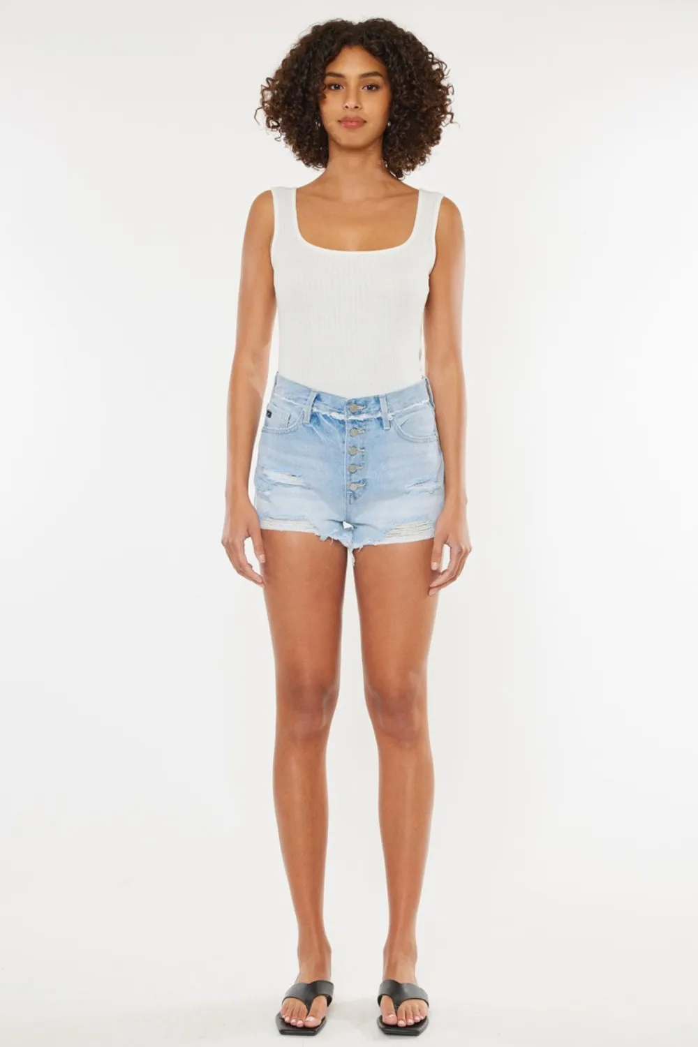 Distressed Button Fly Denim Shorts, image 5
