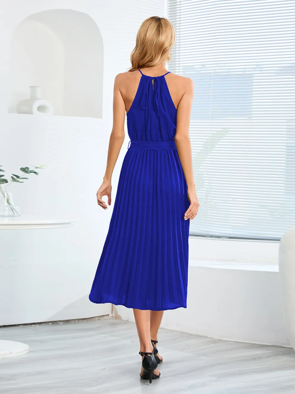 Pleated Spaghetti Strap Tie Waist Midi Dress, image 5