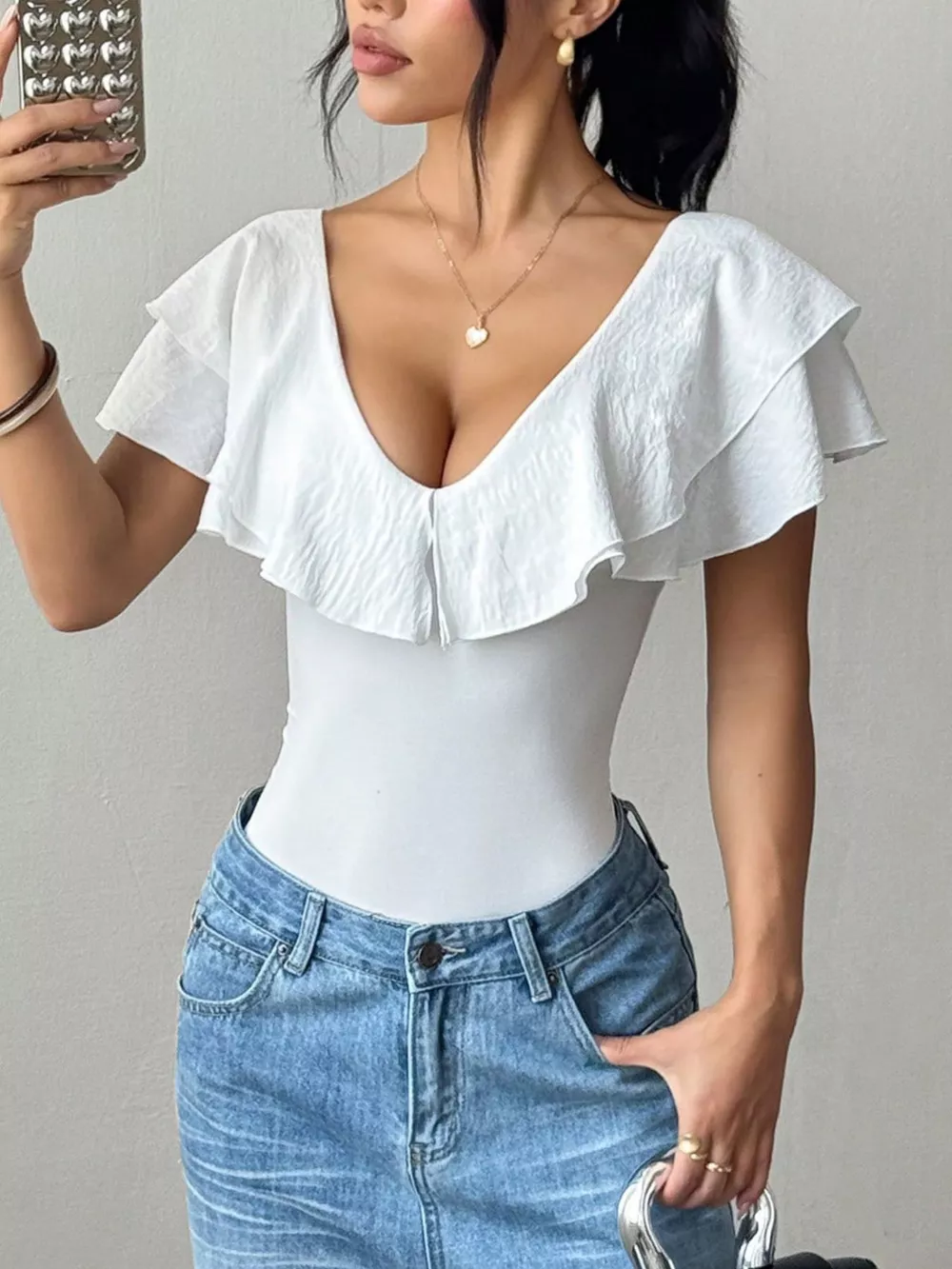 Ruffle Trim V-Neck Bodysuit, image 6