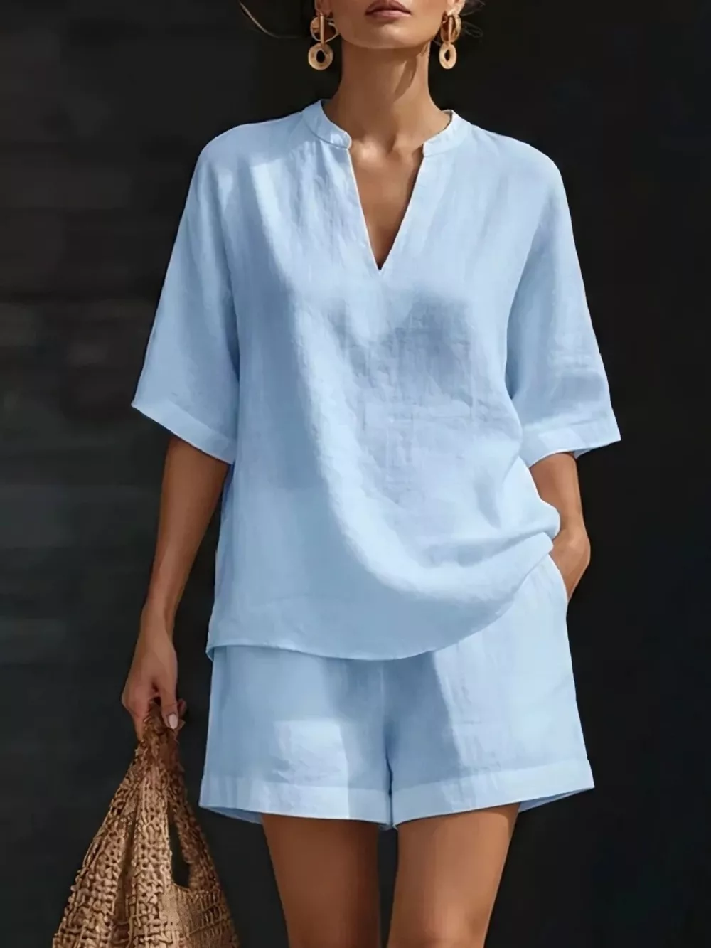 Full Size Notched Half Sleeve Top and Shorts Set Plus Size, image 7
