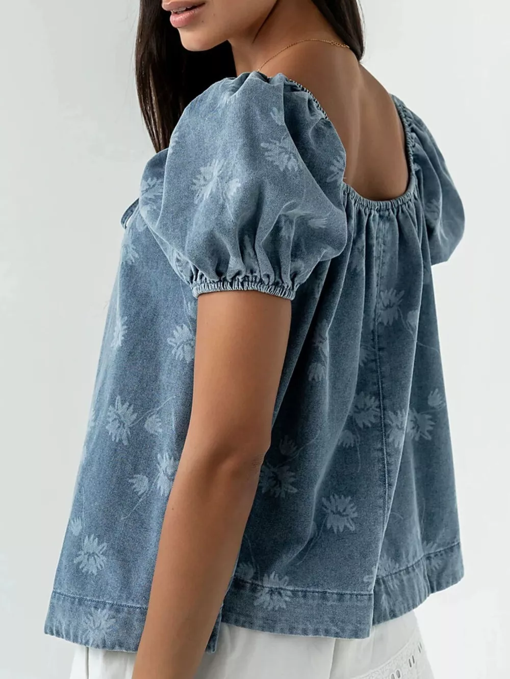 Floral Print Puff Sleeve Denim Top, image 5