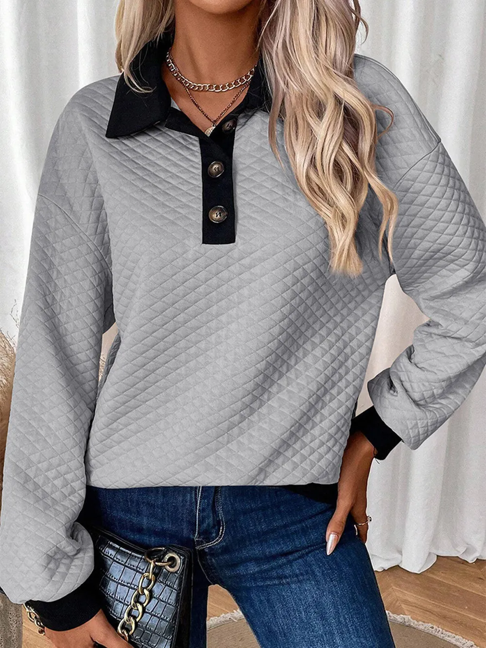 Texture Quarter Button Long Sleeve Sweatshirt, image 2