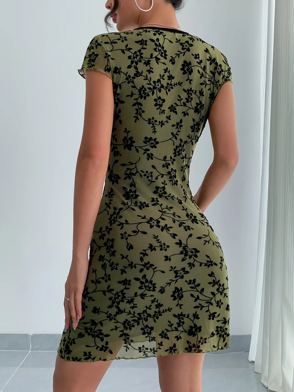 Printed V-Neck Short Sleeve Mini Dress, image 6