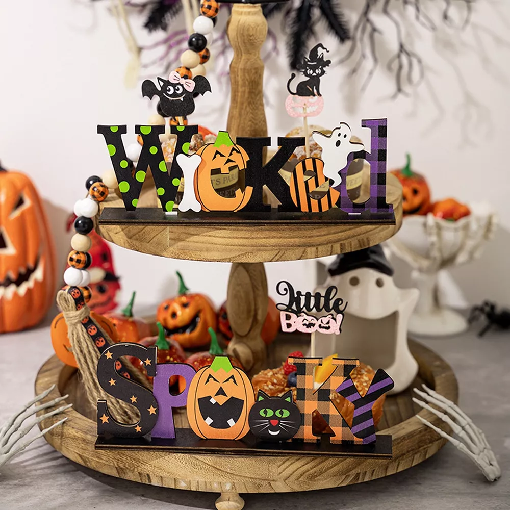 Halloween Decorative Object Set with Wicked and Spooky Wooden Signs