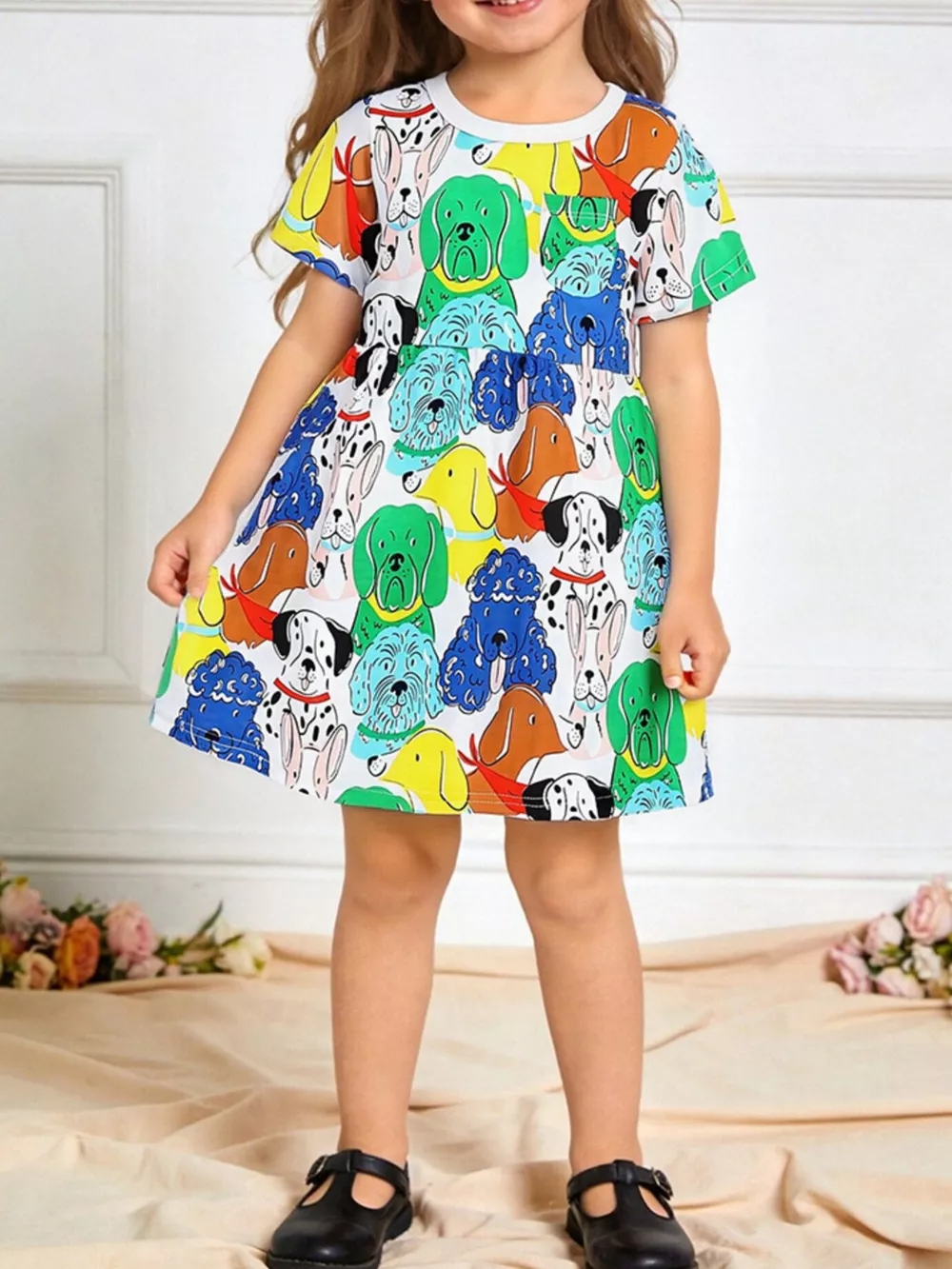 Children's Cartoon Dog Print Casual Dress