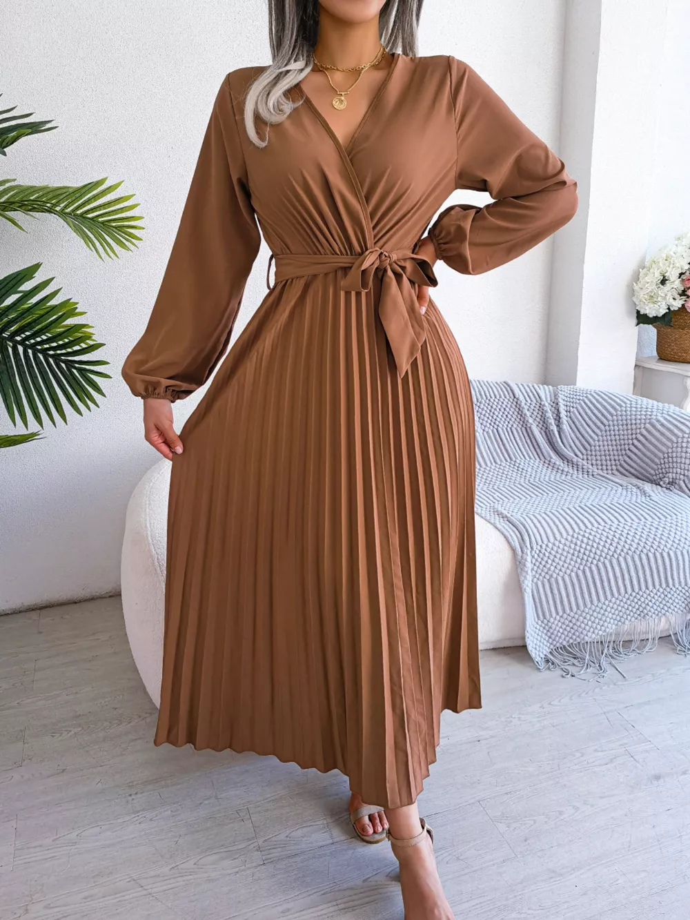 Elegant Pleated Front Tie Long Sleeve Dress, image 9