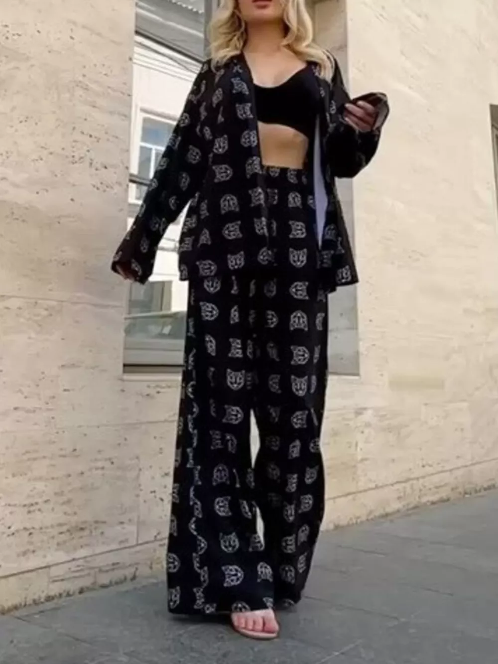 Open Front Cat Print Shirt and Pants Set, image 4